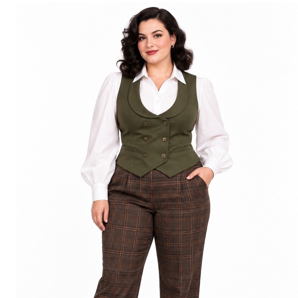 Belle Poque Womens XL Vest Dark Green Double Breasted Vintage Inspired Waistcoat